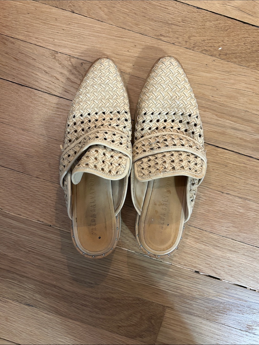 Freda Salvador Woven Pointed Mule in Beige